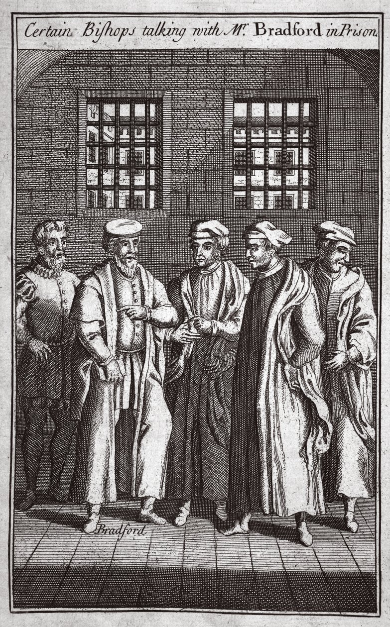 Vissa biskopar pratar med Mr Bradford i fängelset, illustration från Foxes Martyrs c.1703 av English School