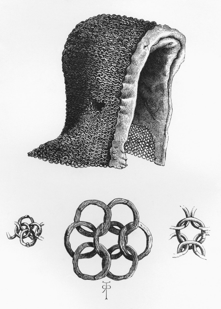 Ringbrynjehuva och exempel på låsande ringbrynja, c. A.D. 1120, från The British Army: Its Origins, Progress and Equipment, publicerad 1868. av English School