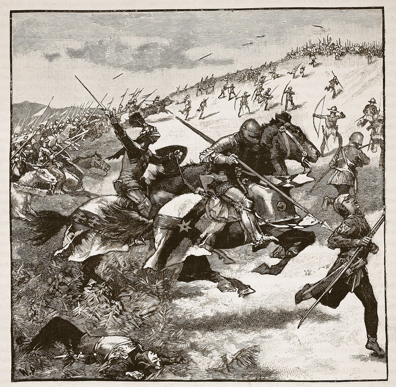 Charge of the Scots at Homildon Hill, illustration från Cassells Illustrated History of England (sepiafoto) av English School
