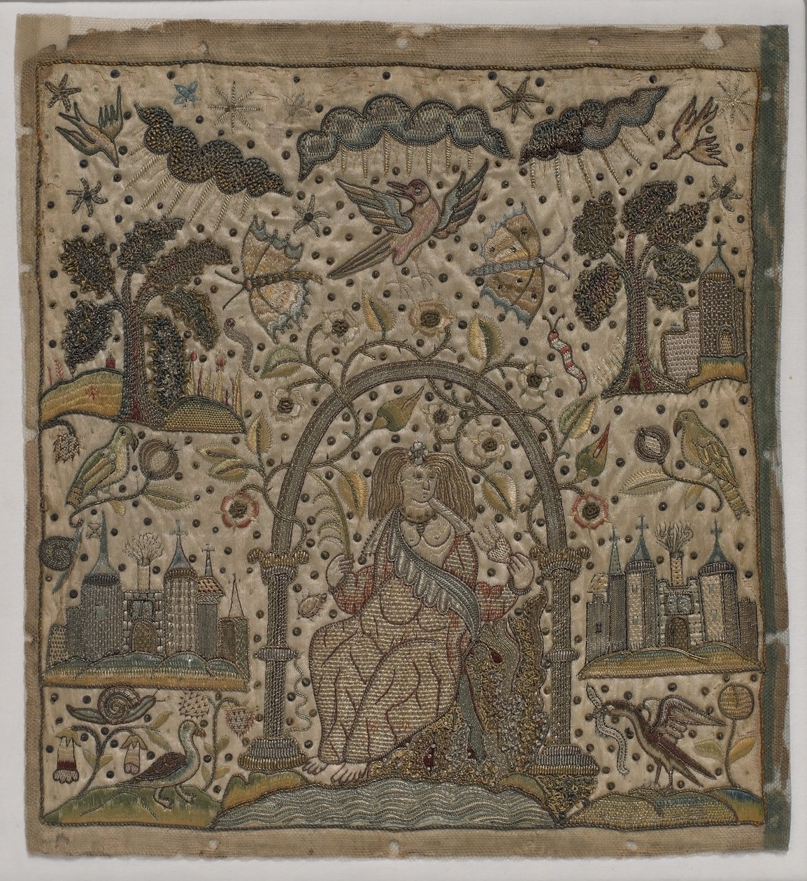 Välgörenhet under en båge, ca 1640 (silke, metalltrådar & spangles på satin) av English School