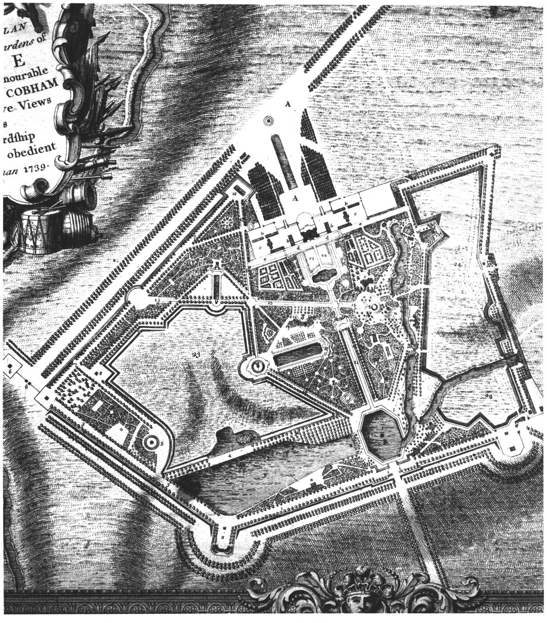 Charles Bridgemans (fl.1713-38) plan för Stowe Gardens, från en bok om utsikt över Stowe publicerad av Mrs Charles Bridgeman 1739 (se 140583 för William Kents senare plan) av English School