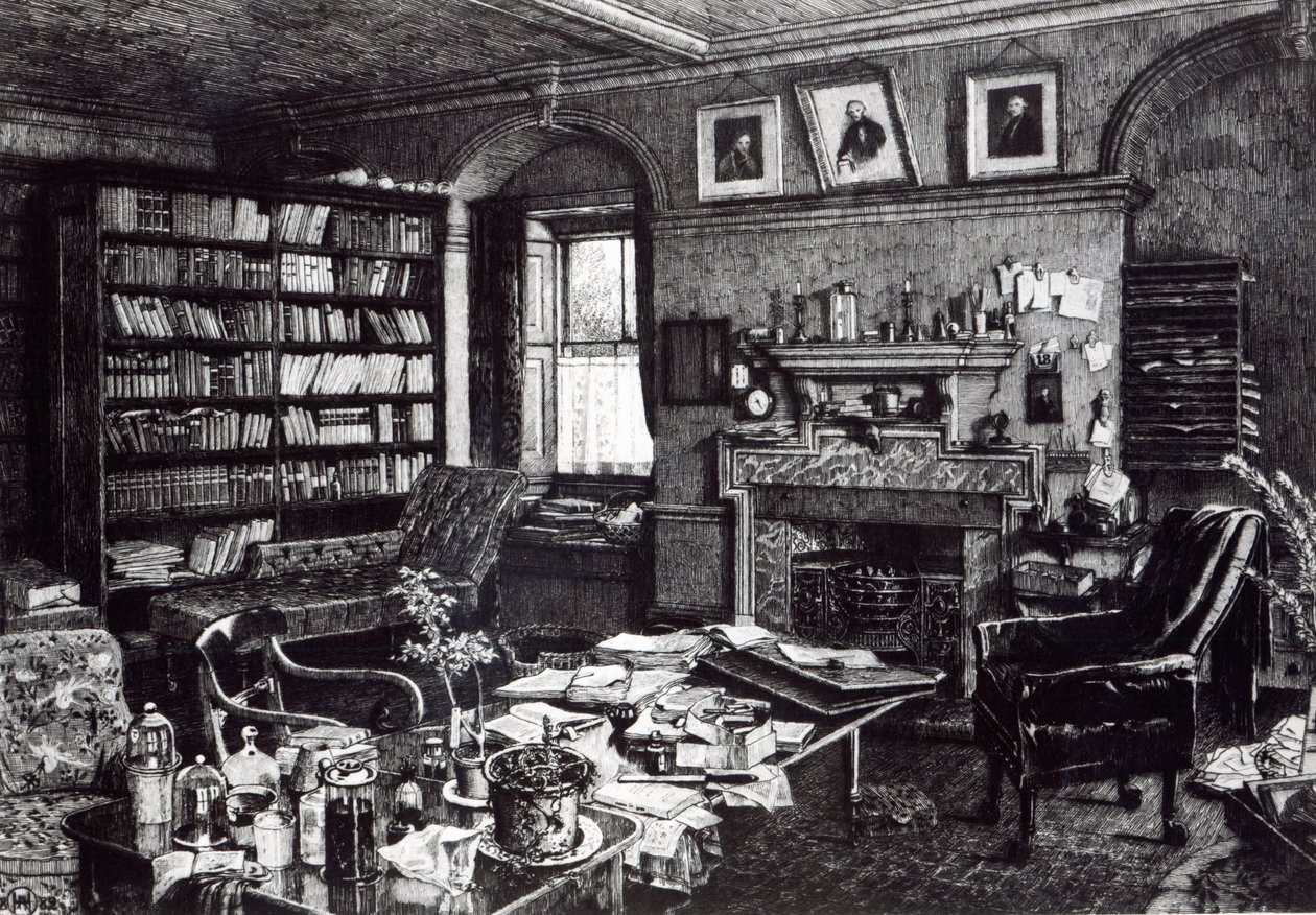 Charles Darwins studie vid Down House, 1882 av English School