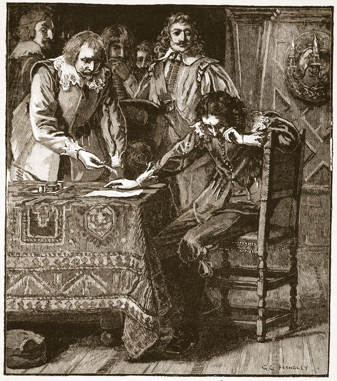 Charles undertecknar Commission of Assent to Straffords Attainder, illustration från Cassells Illustrated History of England (sepiafoto) av English School