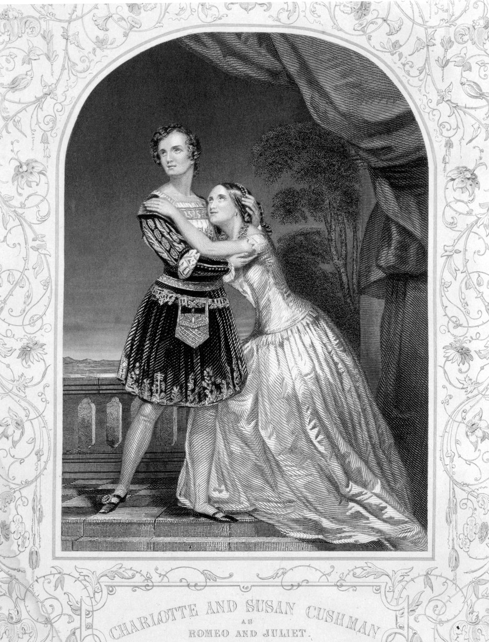 Charlotte och Susan Cushman som Romeo och Julia, akt III scen 5 av Romeo och Julia, från en daguerreotypi, pub. av John Tallis & Co. av English School