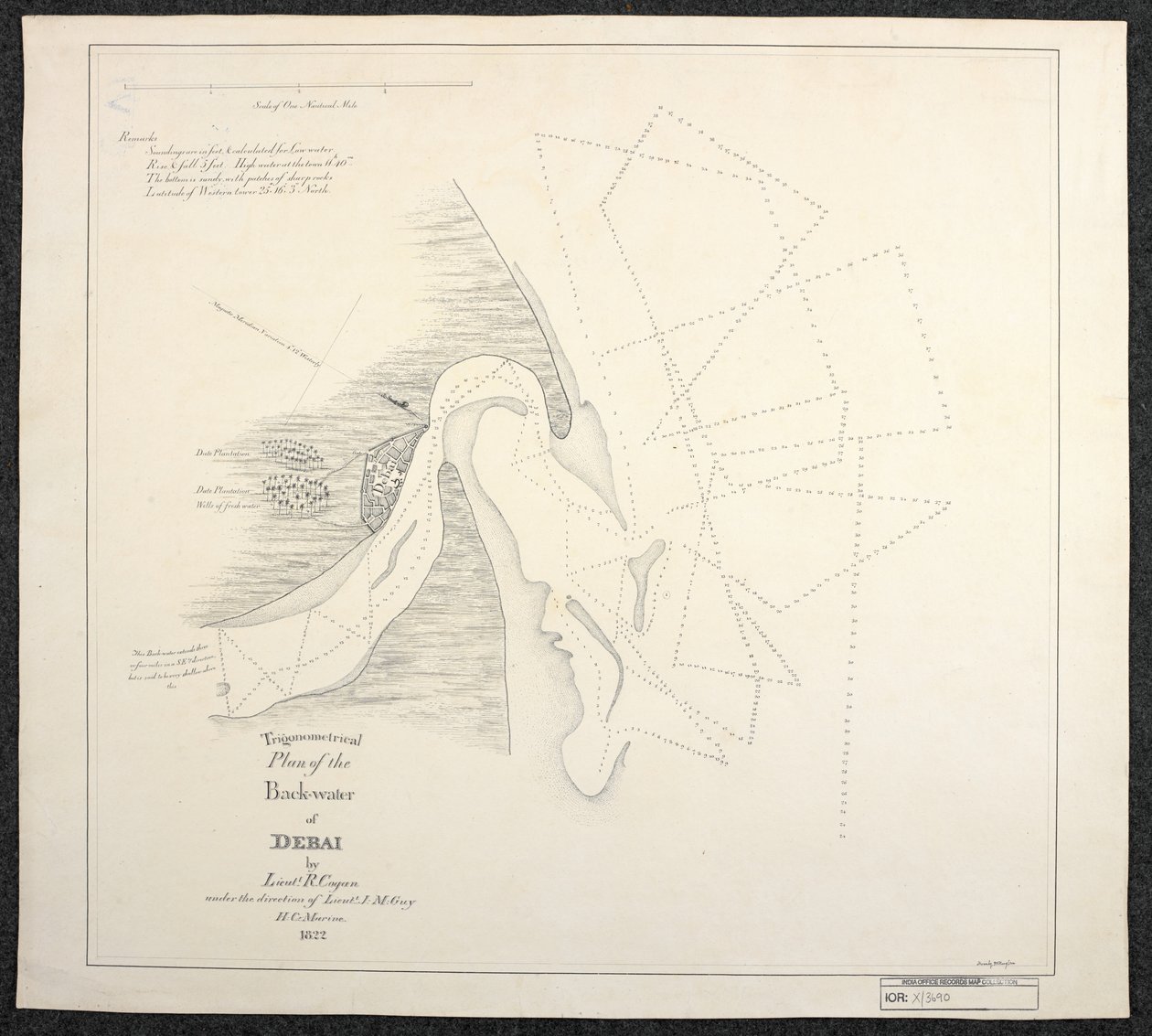 Sjökort över Dubai 1822 av sjömätare från Engelska Ostindiska Kompaniet, med titeln Trigonometrical Plan of the Back-water of Debai av löjtnant R. Cogan under ledning av löjtnant J. M. Guy, H. C. Marine av English School