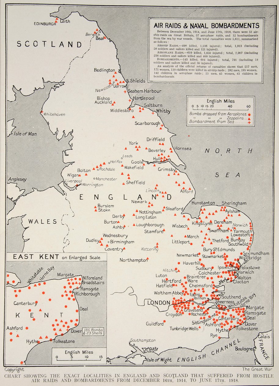 Diagram som visar de exakta platserna i England och Skottland som led av fientliga luftangrepp och bombardement från 16 december 1914 till 17 juni 1918, 1918-19 av English School