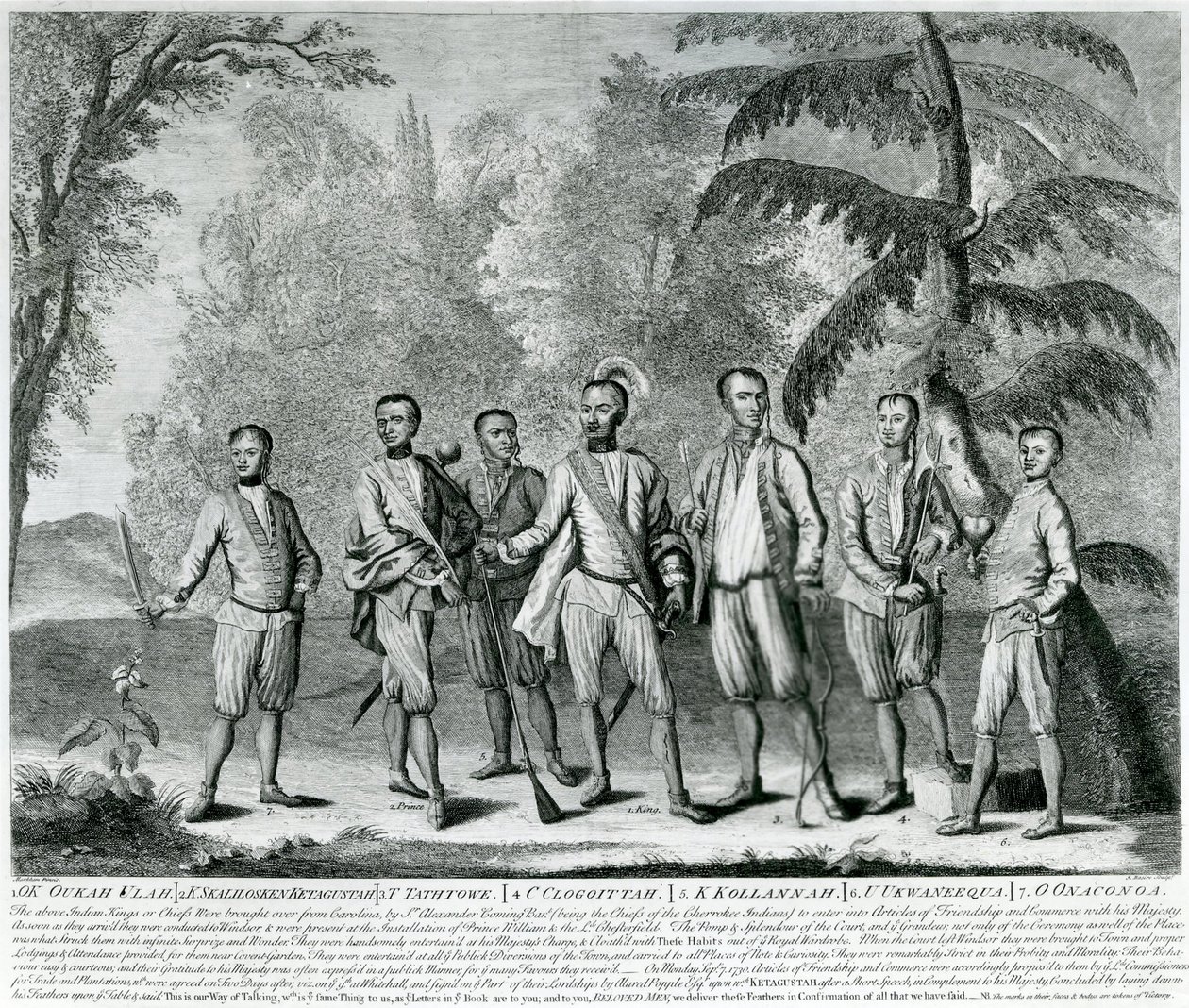 Cherokee Chiefs från Carolina, ca 1730 (gravyr) av English School