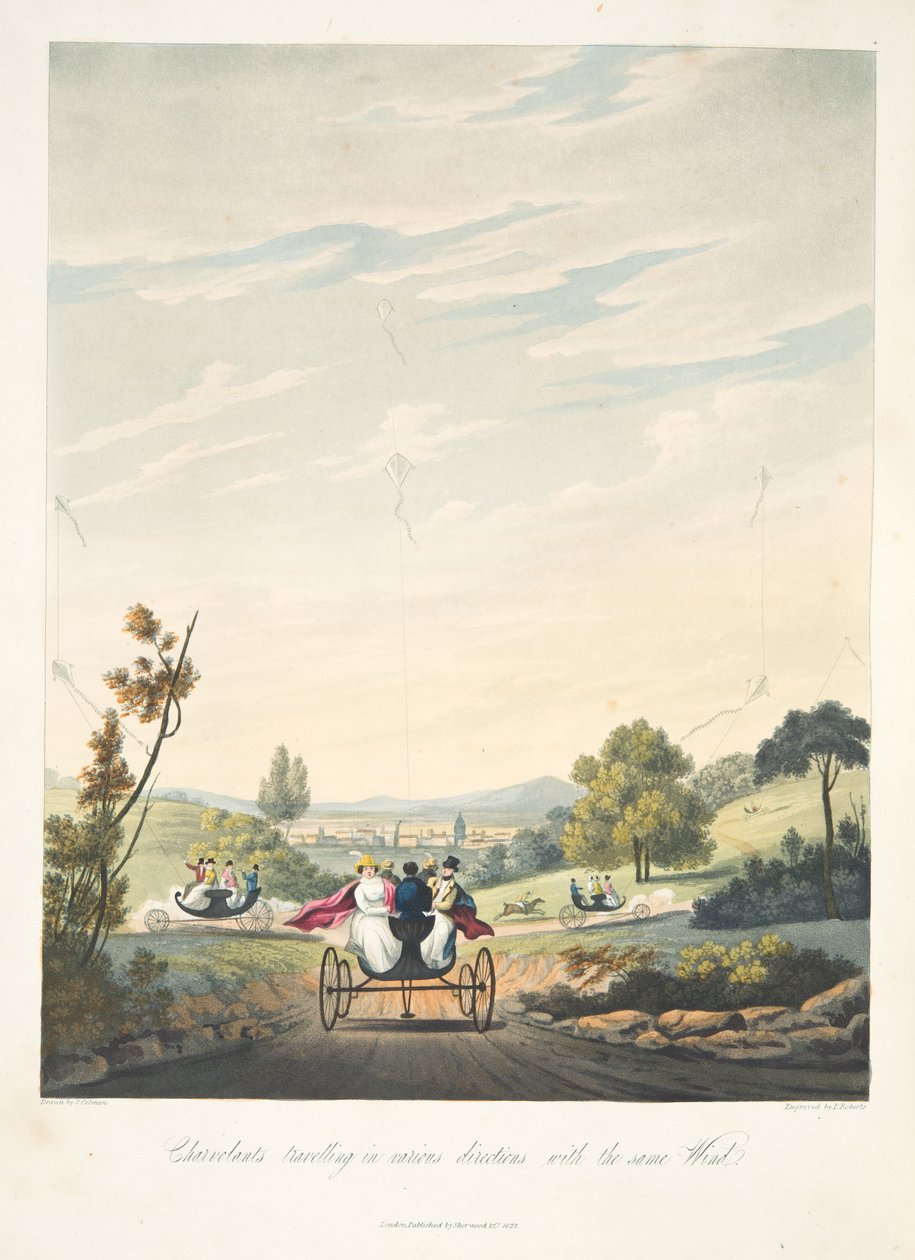 Chervolenter som reser i olika riktningar med samma vind, från "The Aeropleustic Art, or Navigation in the Air, by the Use of Kites, or Buoyant Sails, pub. 1827 (handfärgad akvatint) av English School