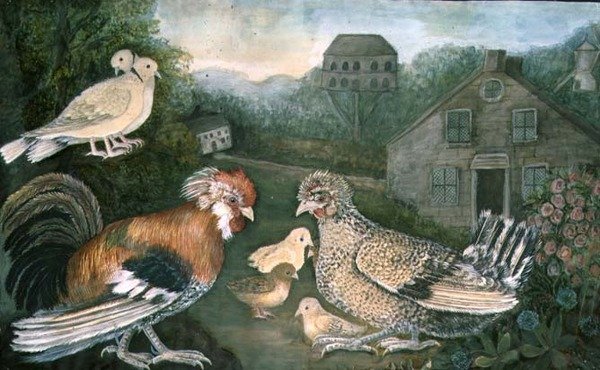 Kyckling och duvor nära en gård (akvarell, gouache på papper) (för detaljer se 97196) av English School