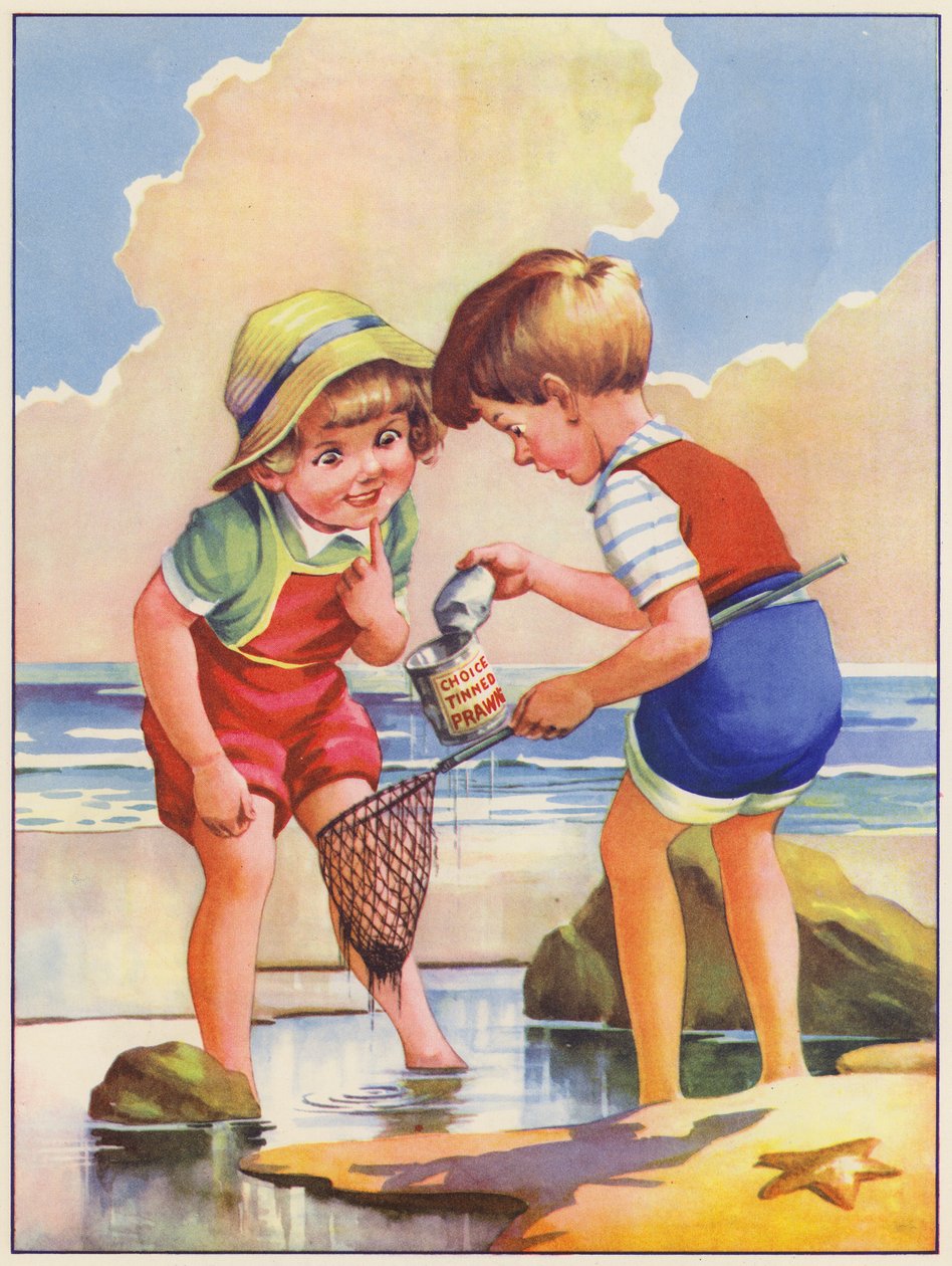 Barn som fiskar i en klippbassäng vid havet (färglitografi) av English School
