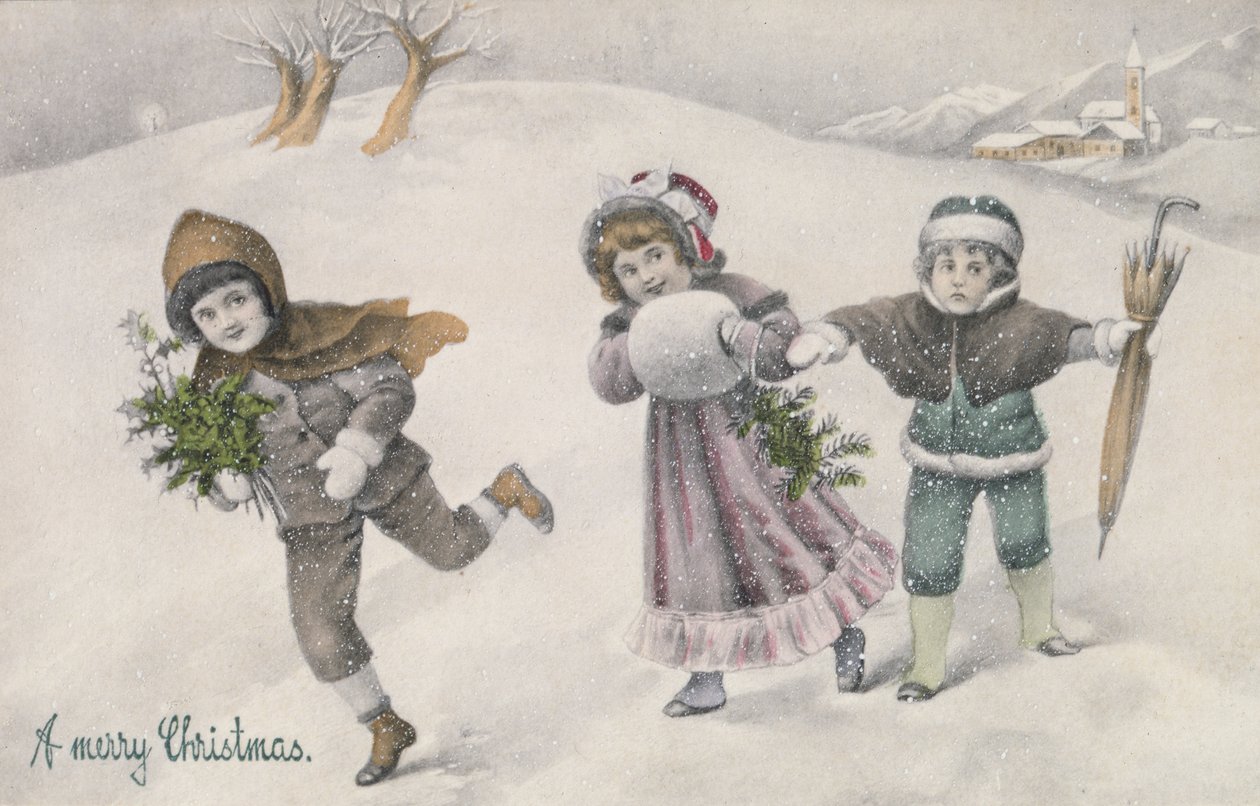 Barn i snön, viktorianskt vykort (tryck) av English School