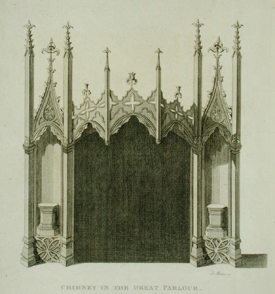 Skorsten i den stora salongen i Strawberry Hill, graverad av T. Morris, från 