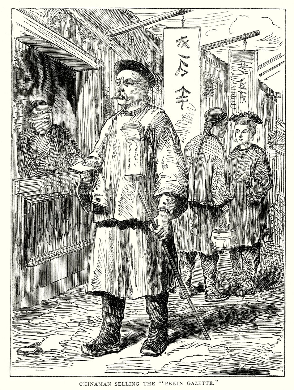 Kinaman säljer "Pekin Gazette" (gravyr) av English School
