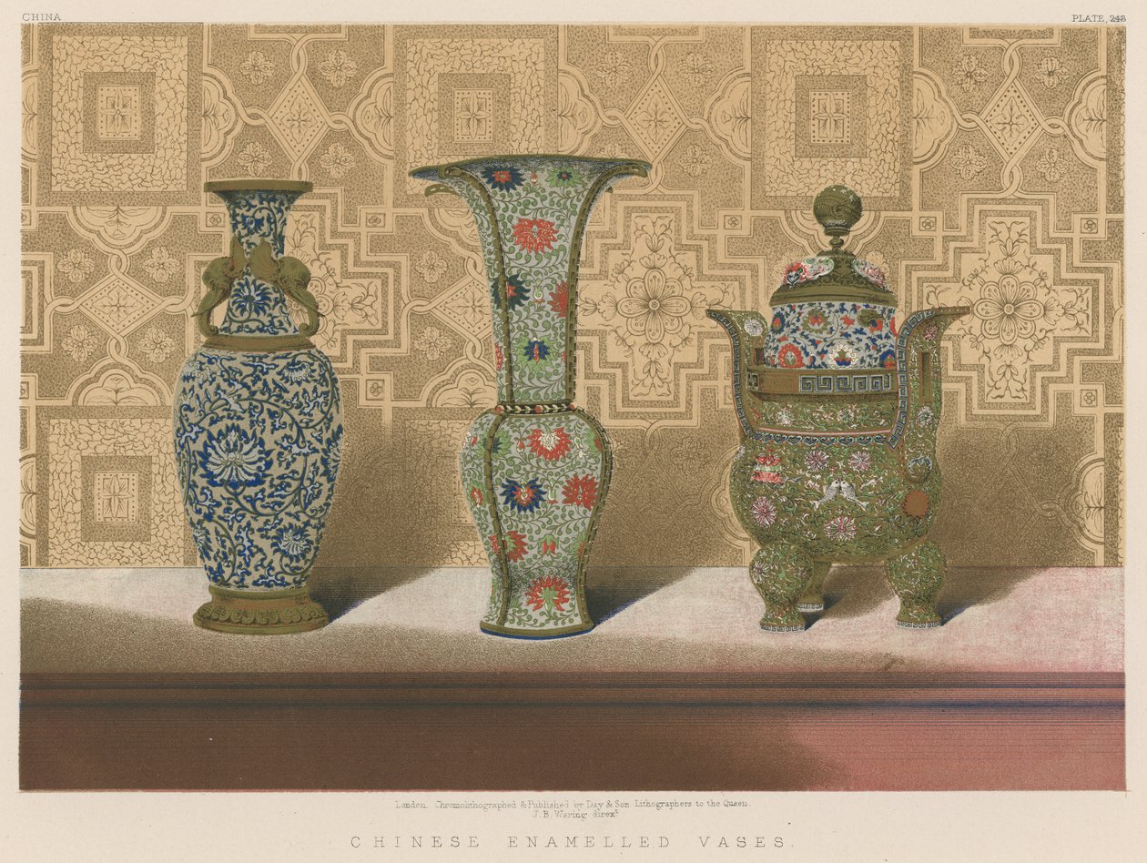 Kinesiska emaljerade vaser (chromolitho) av English School