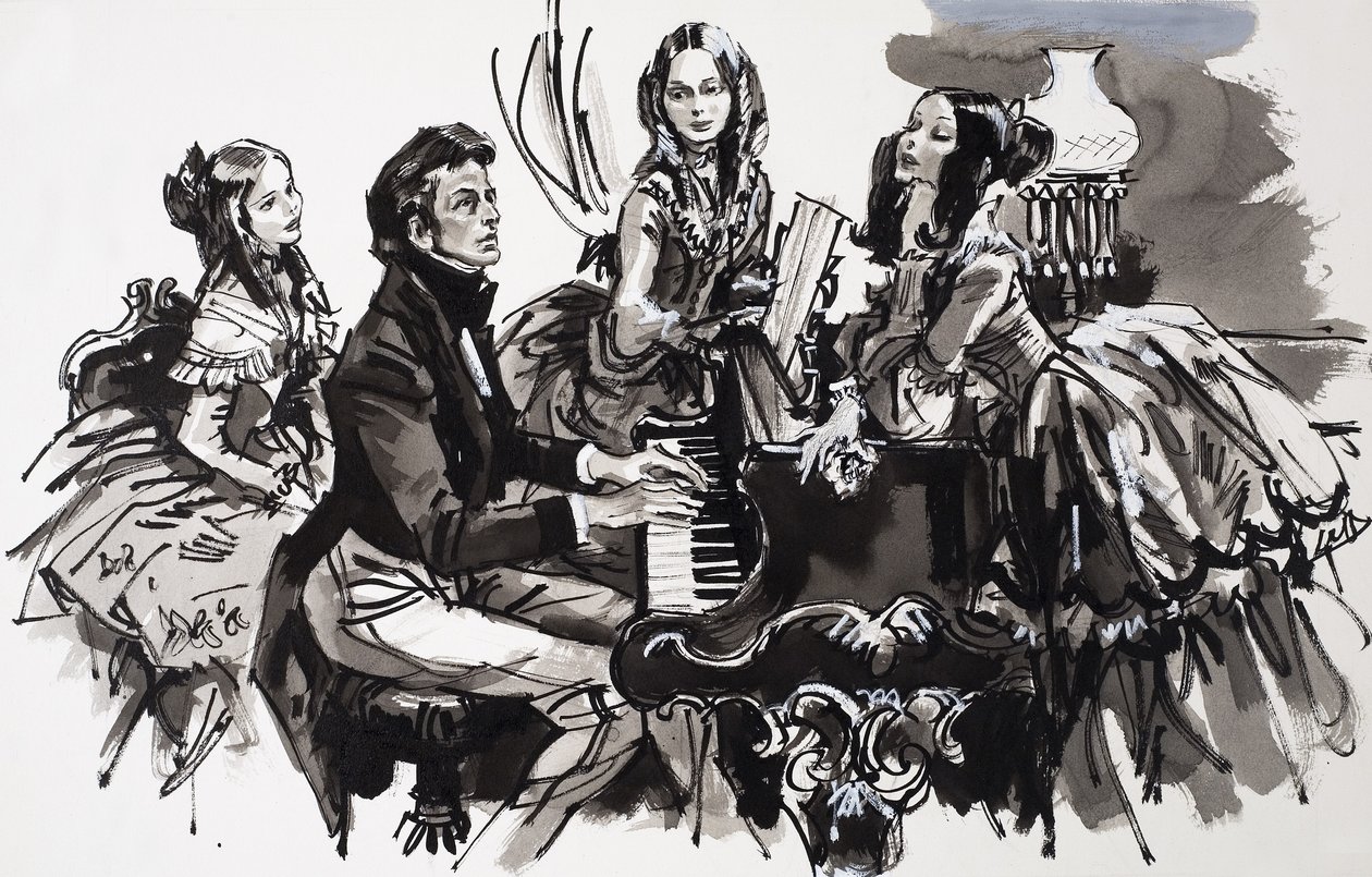 Chopin med kvinnliga beundrare (gouache på papper) av English School