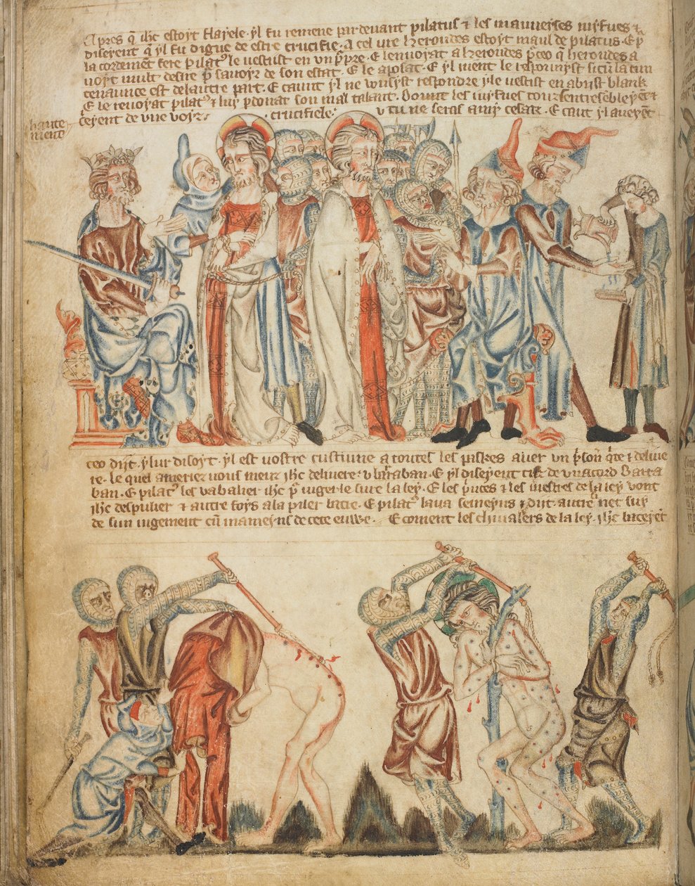 Kristus inför Herodes och inför Pilatus; Herodes tvättar sina händer; Kristi flagellation, Add. 47682, f.30v, c.1320-30 (vellum) av English School