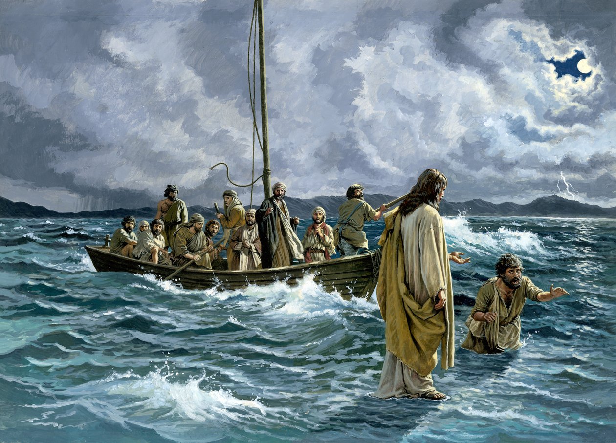 Kristus vandrar på Galileiska sjön (gouache på papper) av English School