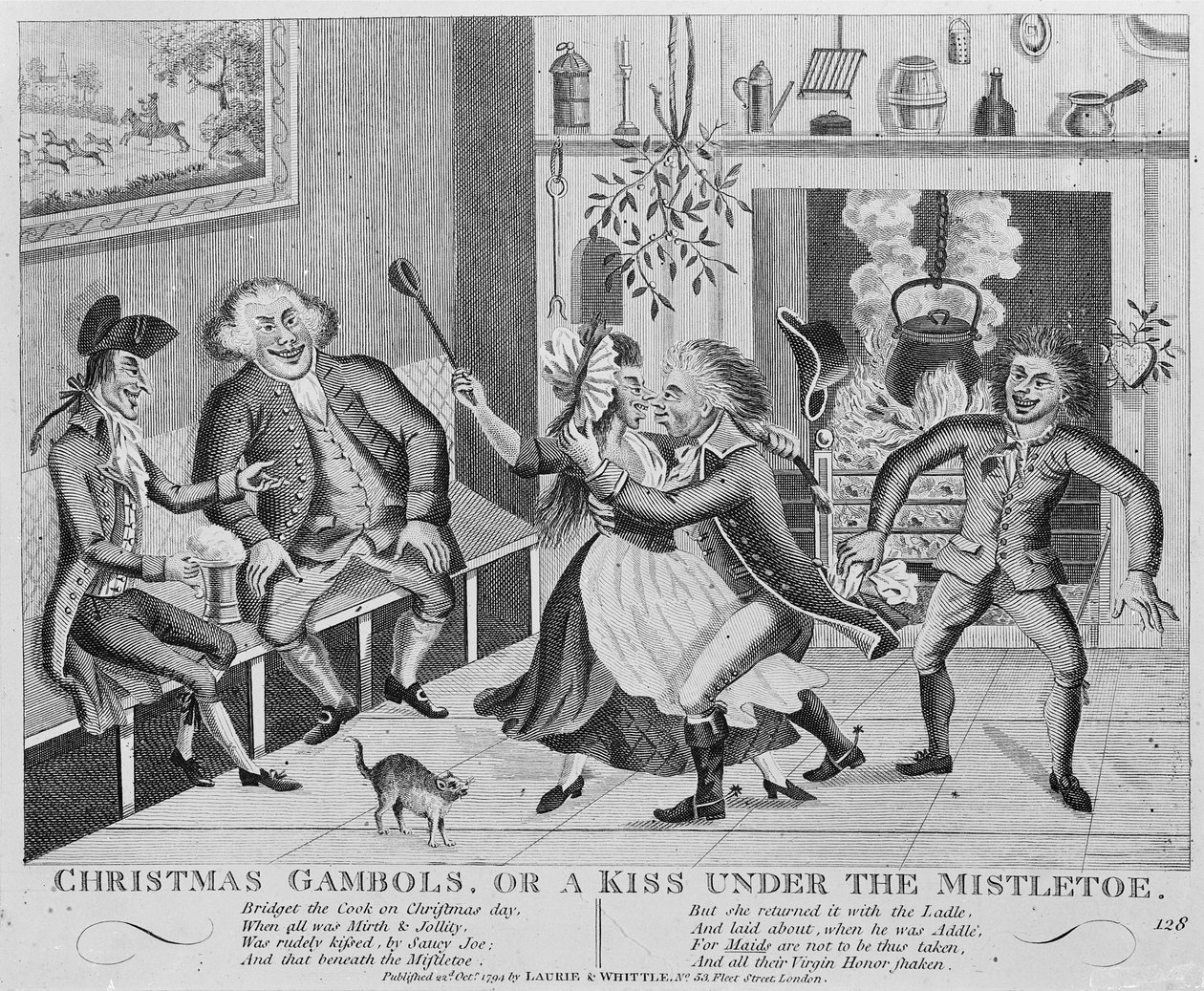 Christmas Gambols, or a Kiss Under the Mistel, 1794 (gravyr) av English School