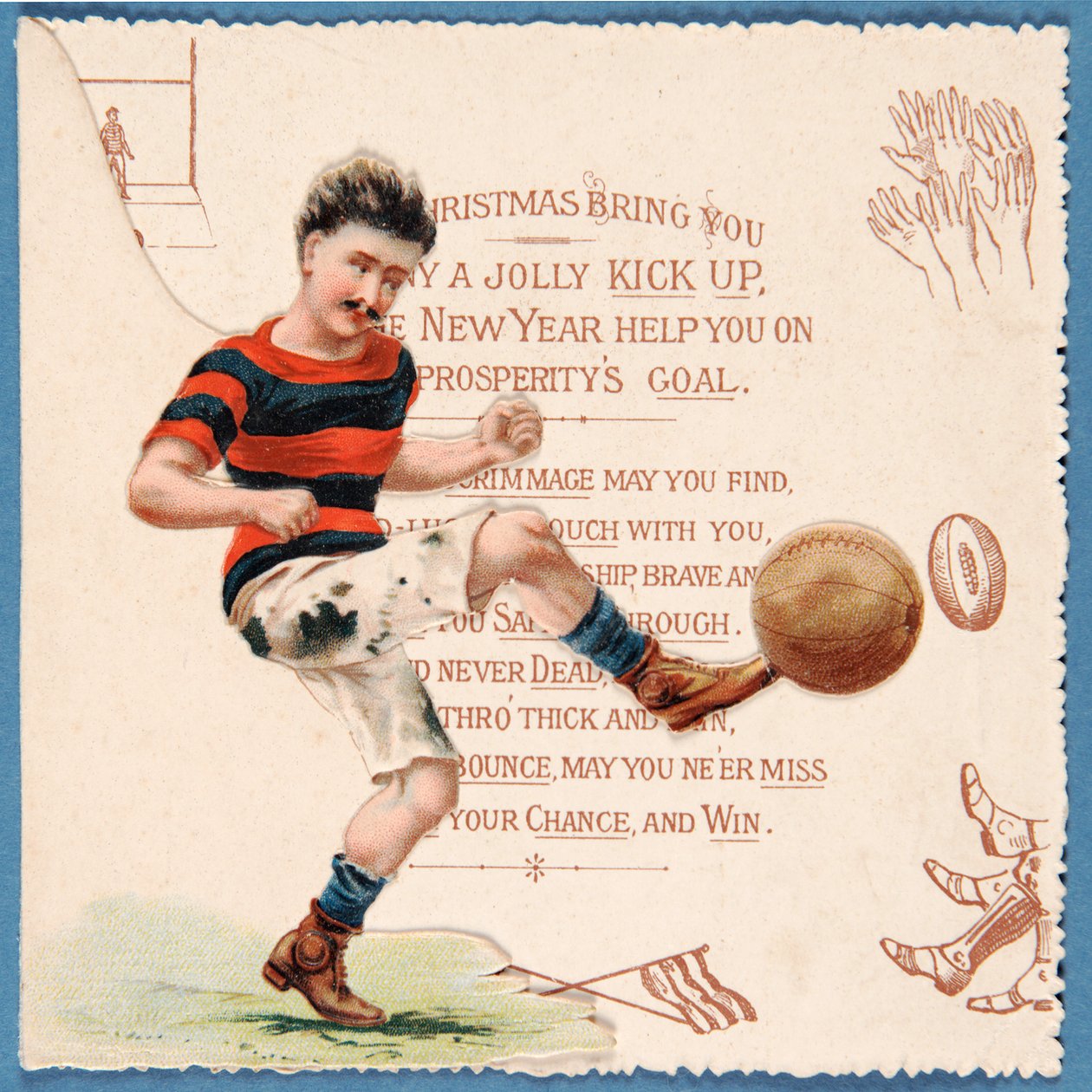 Julkort föreställande en fotbollsspelare som sparkar en boll, ca 1890-talet av English School