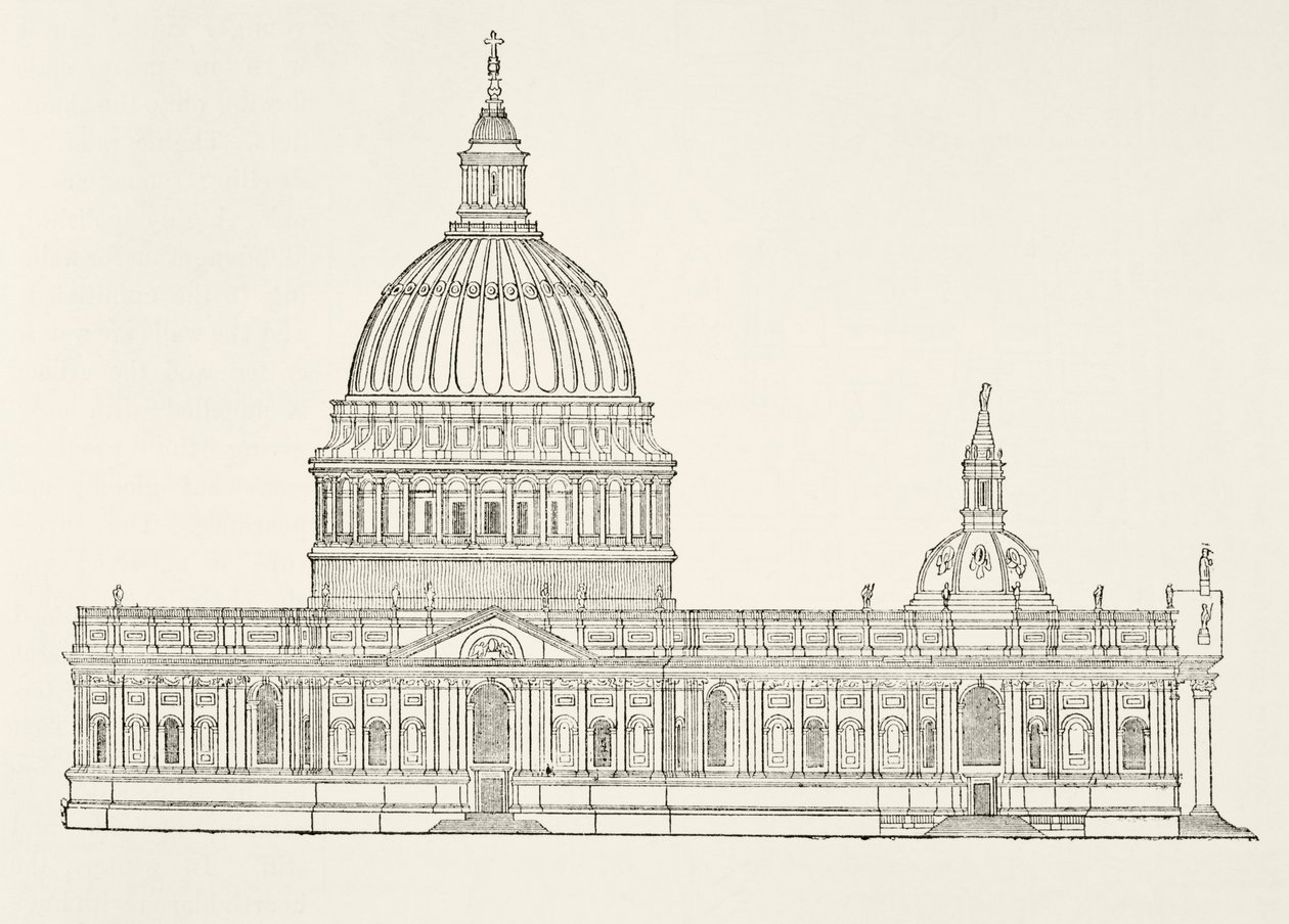 Christopher Wrens första design för den nya St. Pauls Cathedral efter den stora branden i London, från The National and Domestic History of England av William Hickman Smith Aubrey (1858-1916) publicerad L av English School