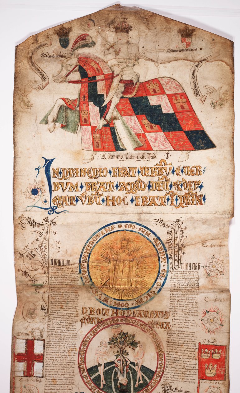 Chronicle of the History of the World from Creation to Woden, med en Genealogy of Edward IV (Edward IV Roll), inledningssektion med ett porträtt av Edward IV till häst, en rundel med Gud och en annan av English School