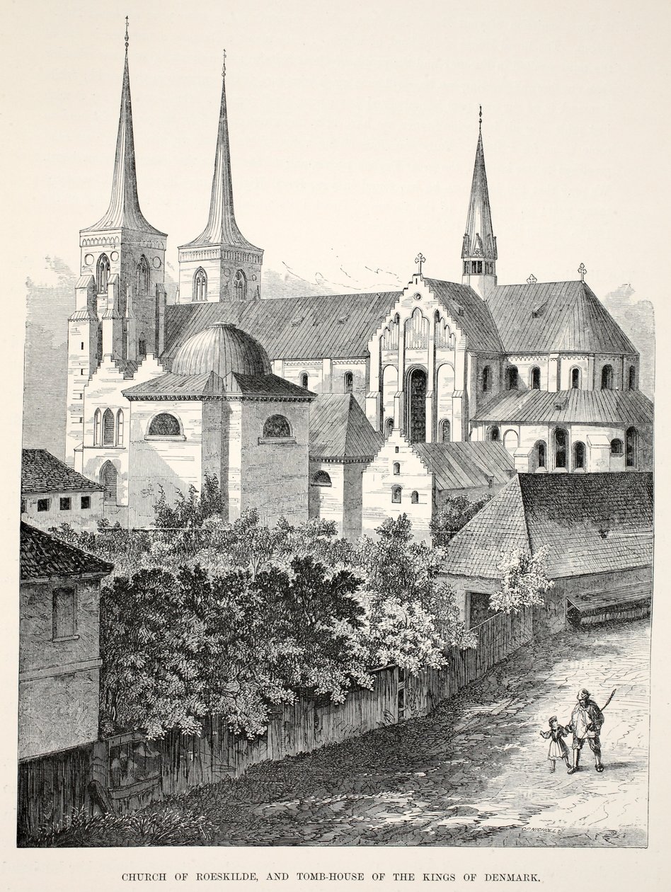 Roeskilde-kyrkan och Danmarks kungars gravhus, från A Memorial of the Marriage of Edward VII and Alexandra of Denmark, pub. 1864 (trägravyr) av English School