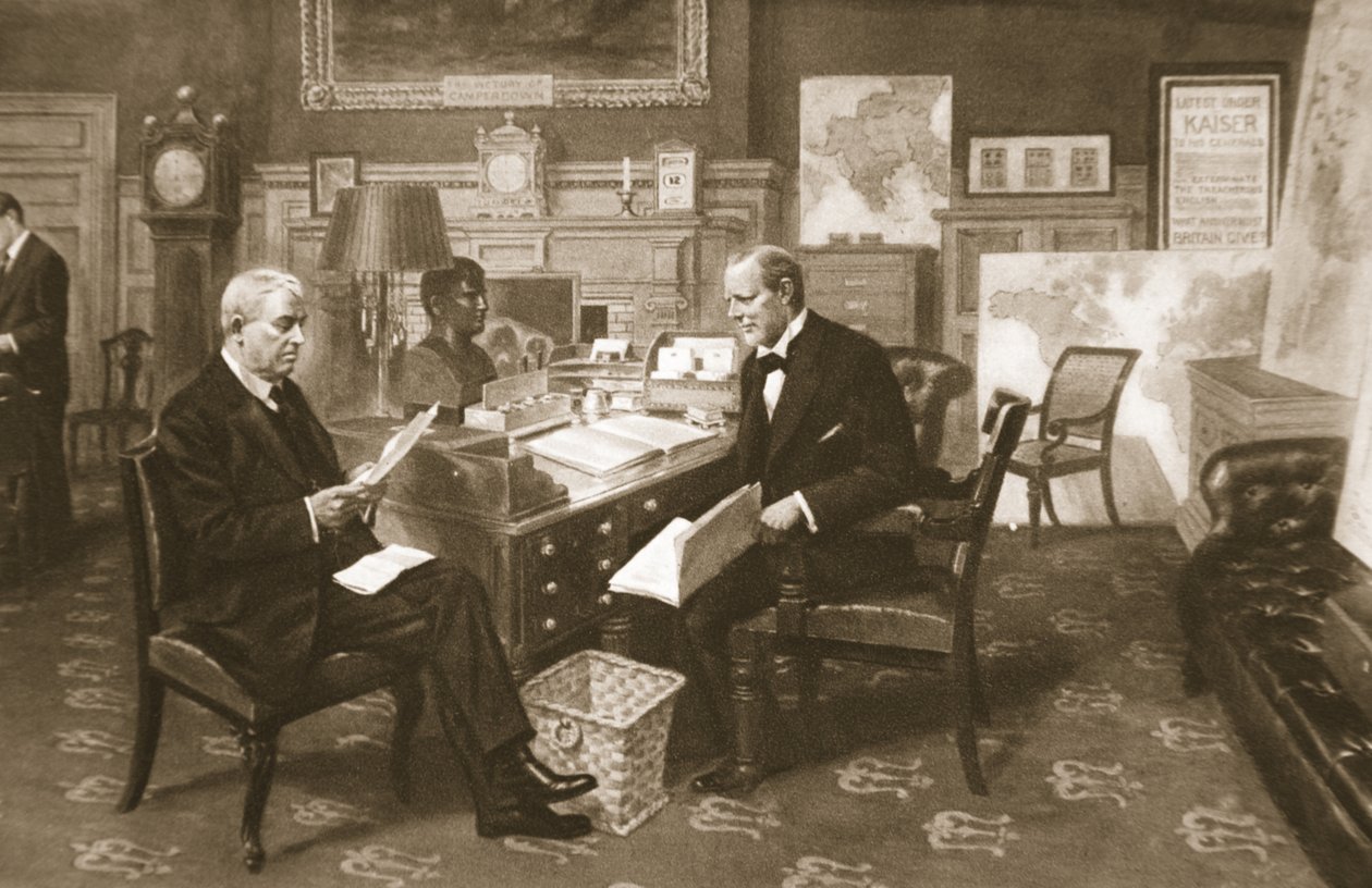 Churchill och Fisher på jobbet: The First Lord in his room at the Amiralty with the First Sea Lord, från The Illustrated War News, 1915 av English School