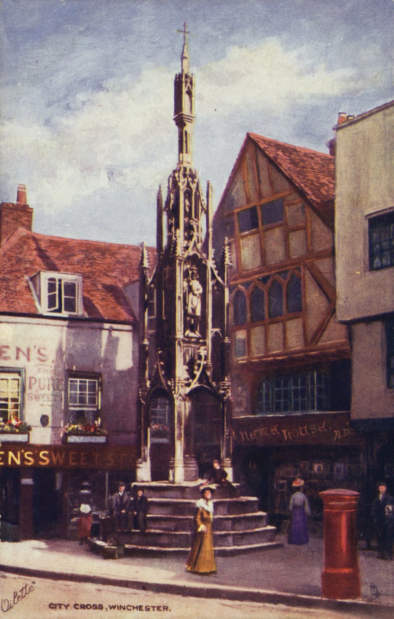 City Cross, Winchester (färglitografi) av English School