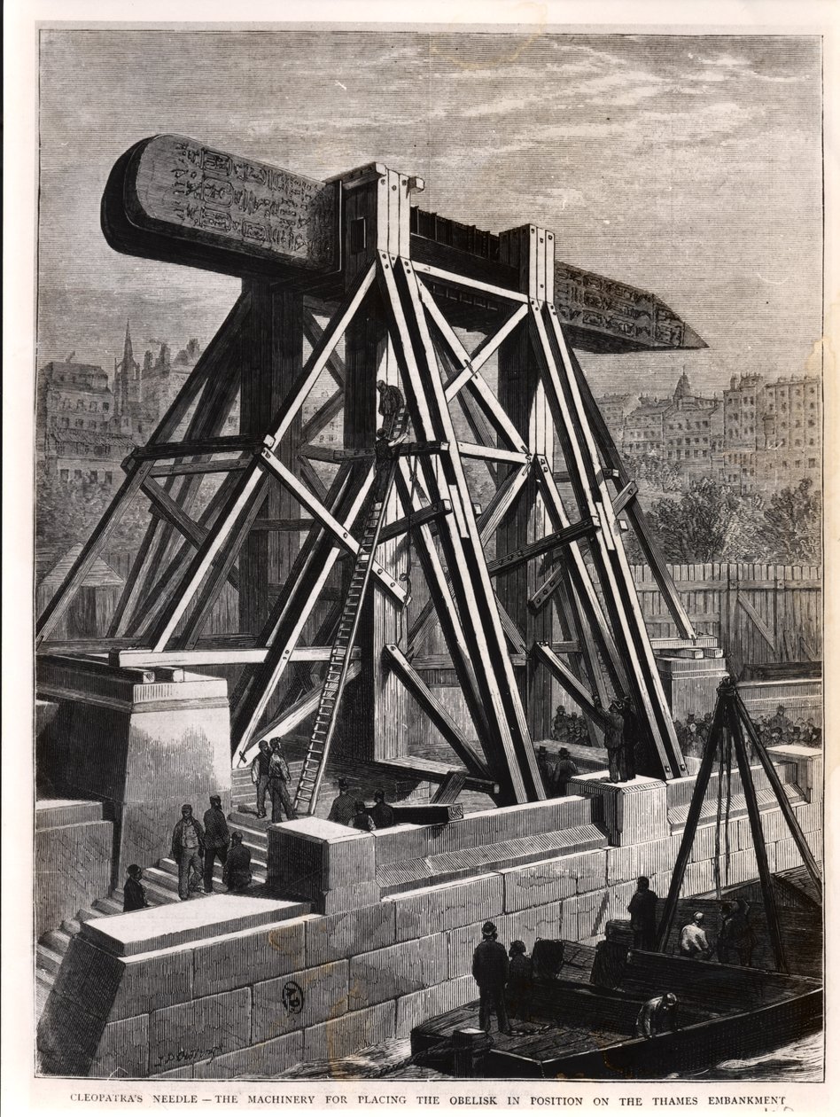 Cleopatras Needle: Maskineriet för att placera obelisken på Themsen Embankment, 1878 av English School