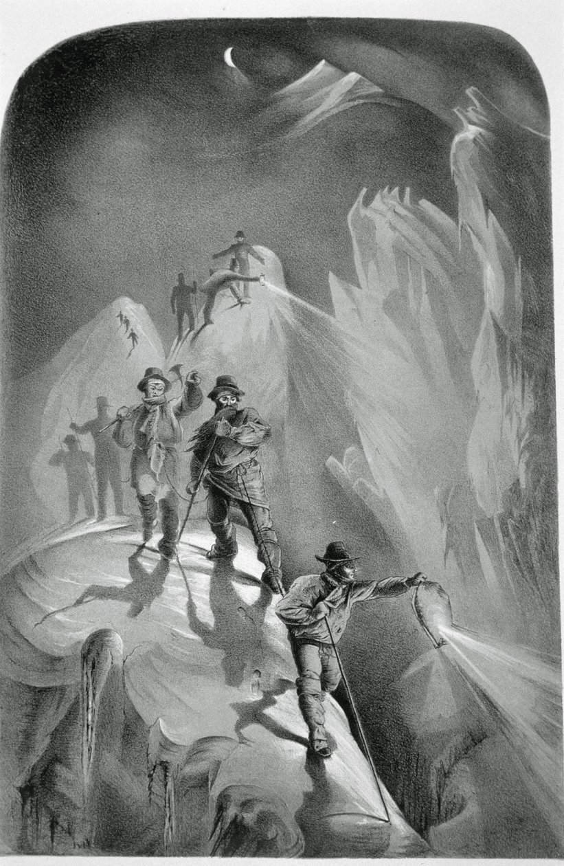 Klättring på natten, från tio scener i Mont Blancs sista bestigning inklusive fem vyer från toppen, av J.D.H. Browne, publicerad 1853 av English School