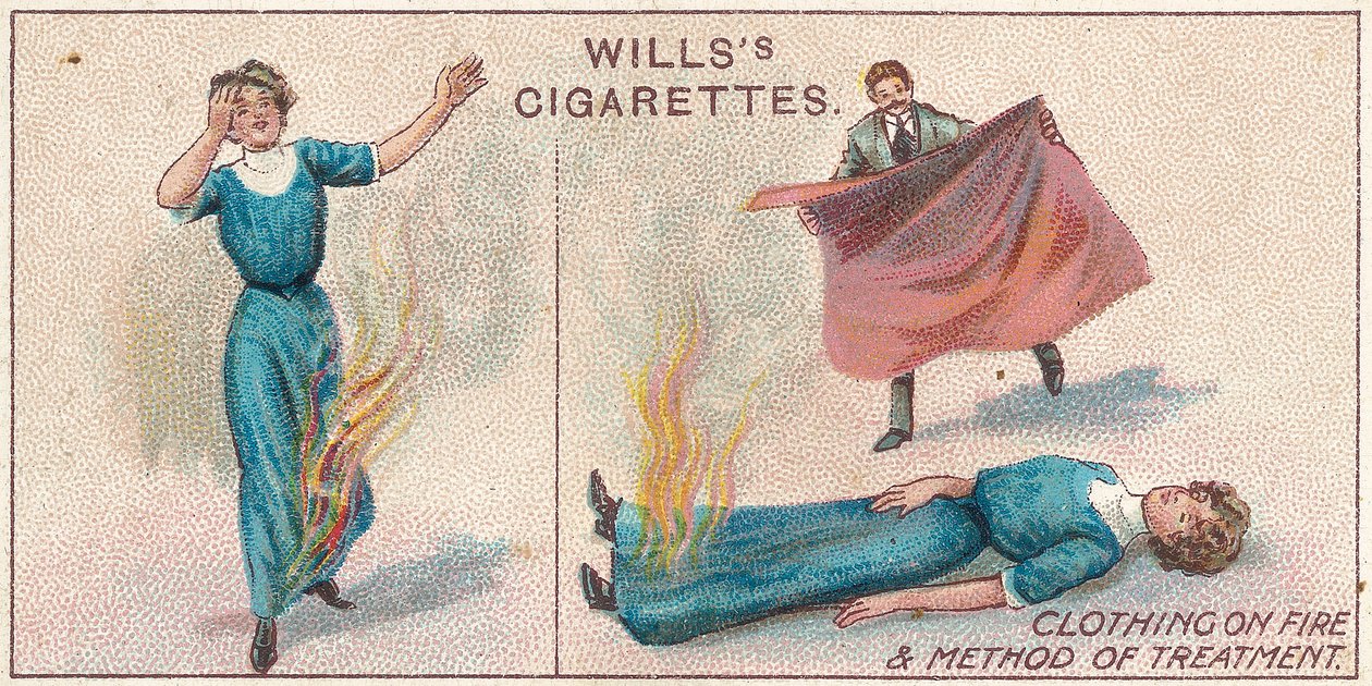 Clothing on Fire, nr 34 från First Aid-serien med Willss Cigarettes-kort, 1913 av English School