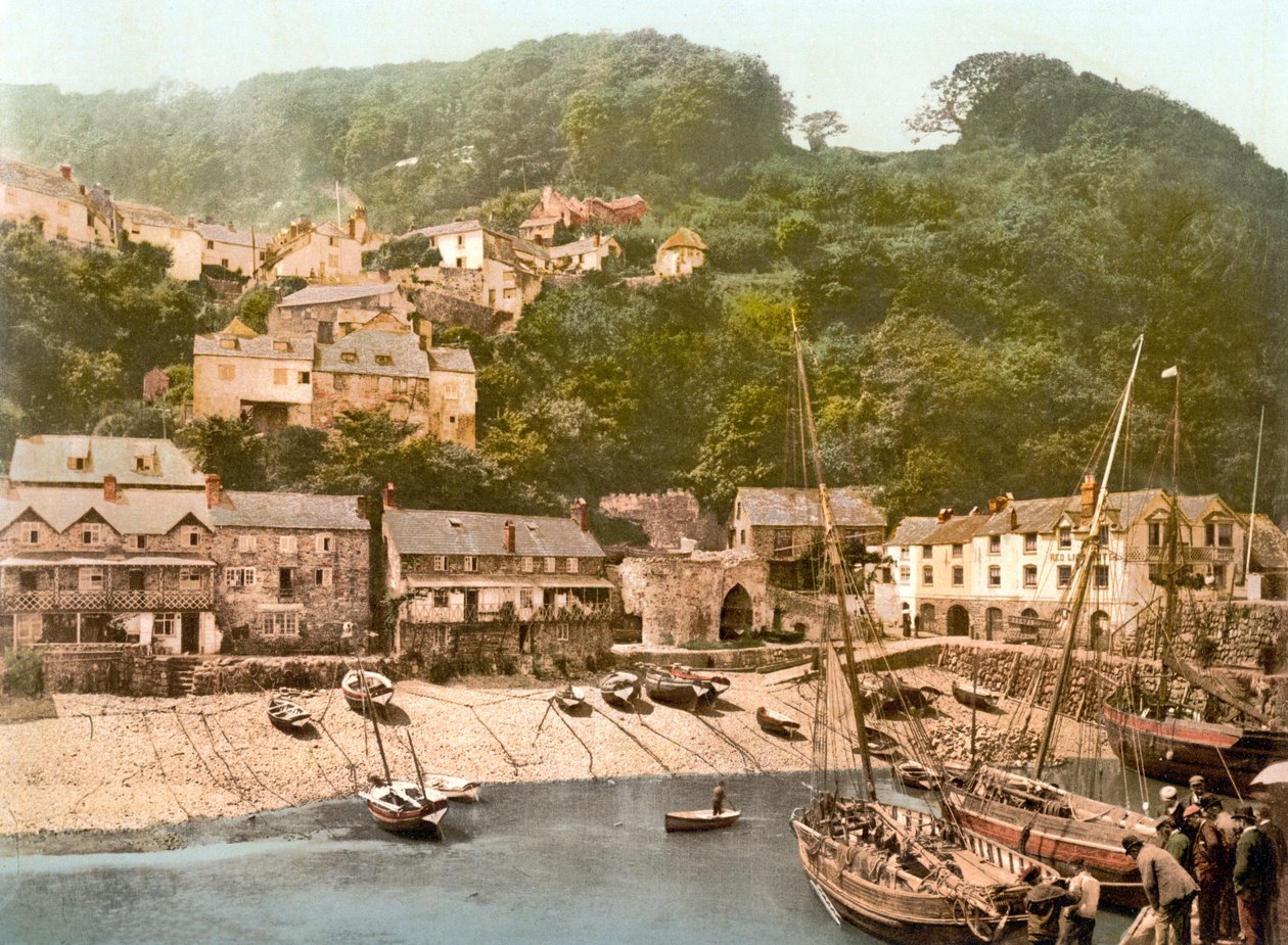 Clovelly Harbor (handfärgat foto) av English School