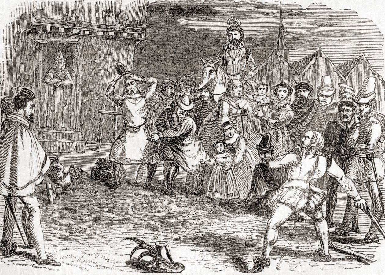 Cock throwing, även kallat cock-shying eller kasta på tuppar, från Gamla England: Ett bildmuseum, pub. 1847 av English School