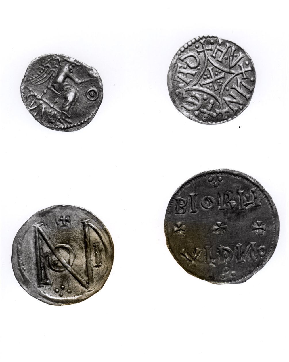Mynt av Cunobelinus eller Cymbeline (d.43 AD), Offa, kung av Mercia (757-96 AD) och Alfred (871-99 AD) och Edward den äldre (871-924 AD) (silver) av English School