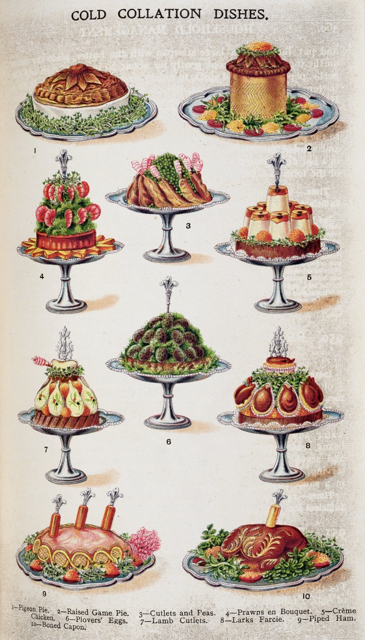 Cold Collation Dishes, från "Beetons bok om hushållsförvaltning" vol.1; redigerad av fru Isabella Beeton av English School