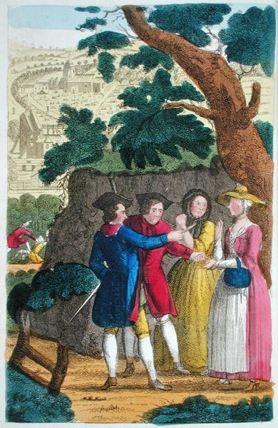 Överste Jack rånar Mary Smith, illustration från "Lives and Adventures of the Most Celebrated Highwaymen and Street Robbers..." publicerad 1822 (färg litho) av English School