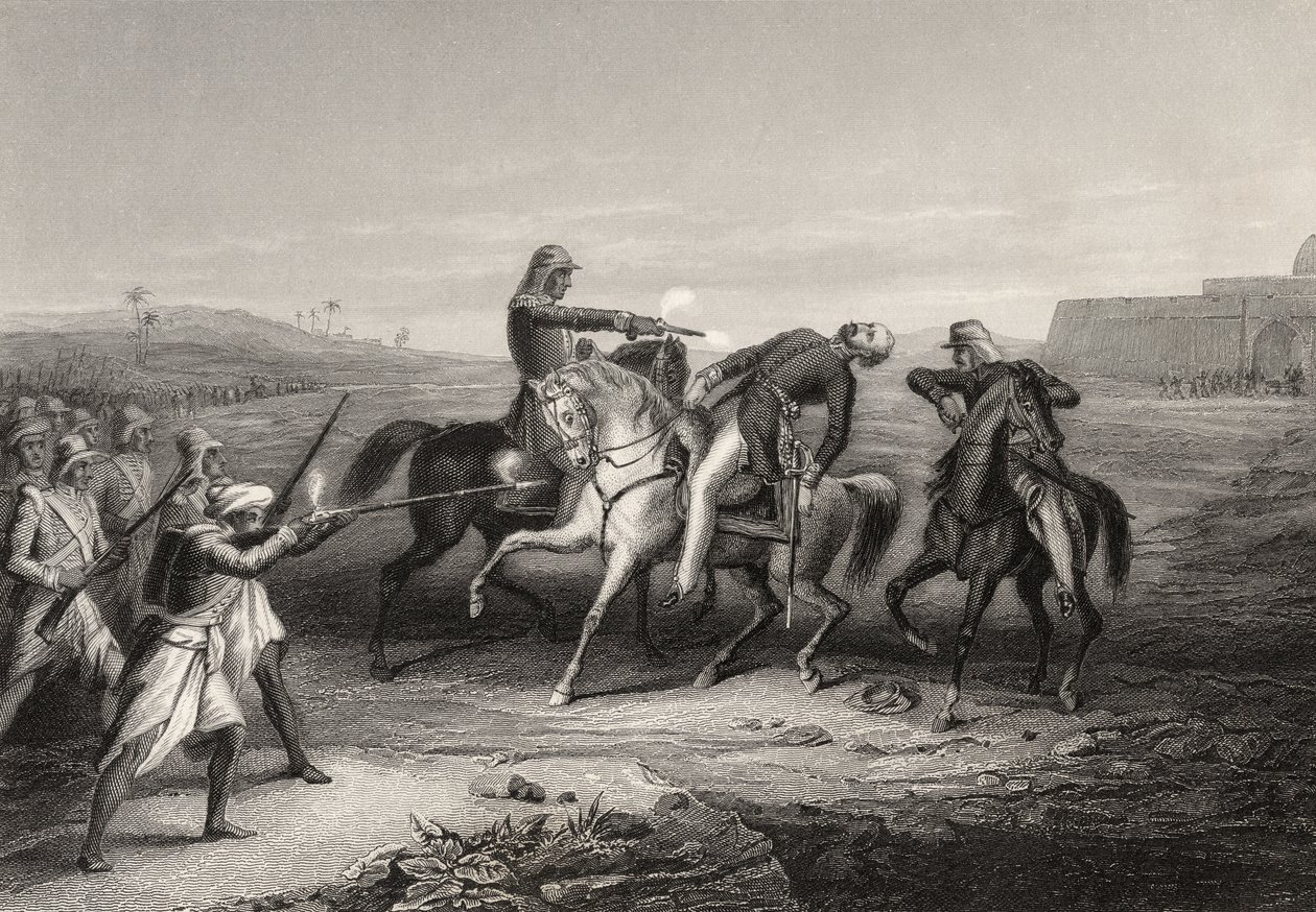 Överste John Platt dödades av myteristerna vid Mhow, 1 juli 1857, från "The History of the Indian Mytery", publicerad 1858 av English School