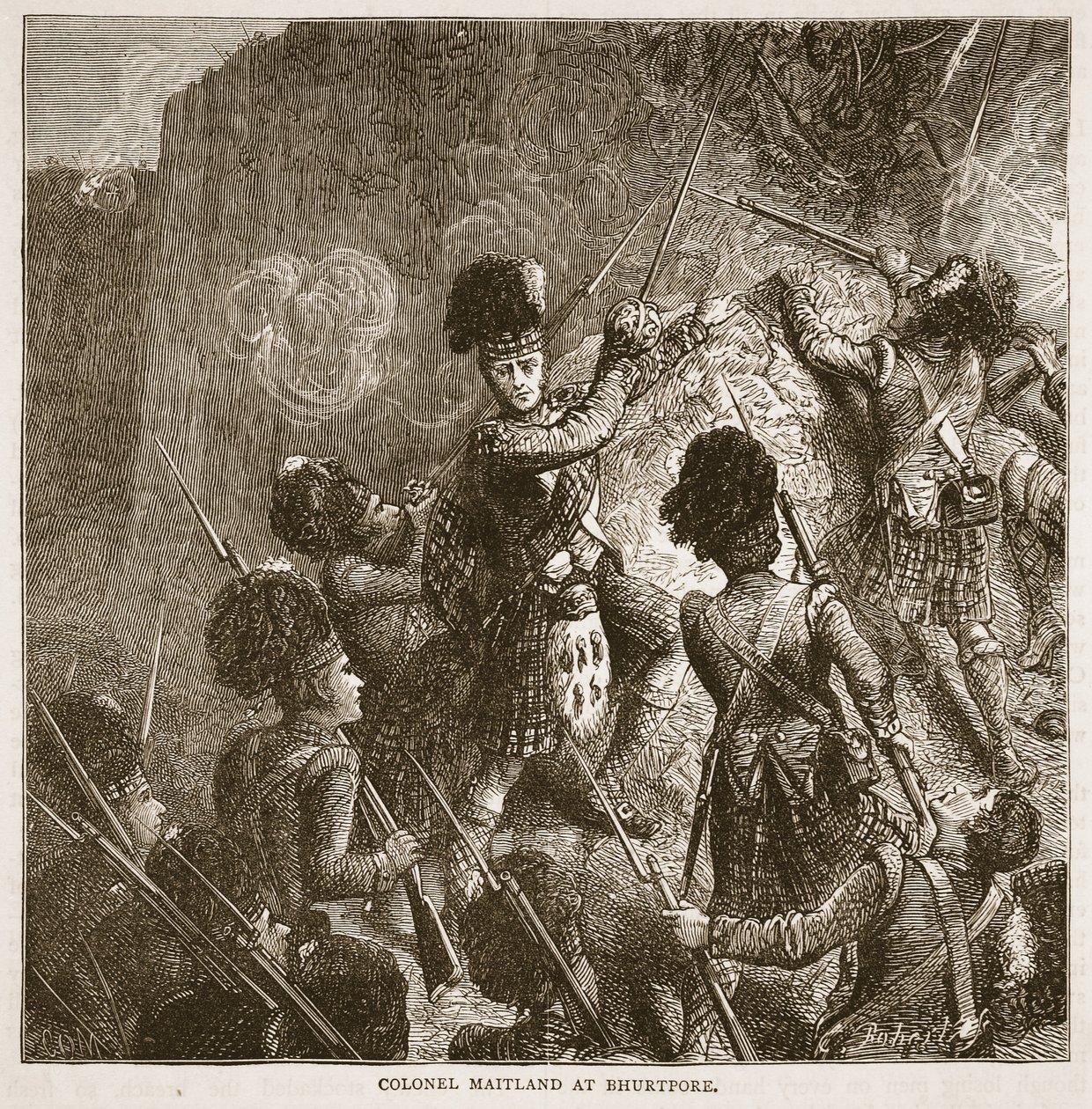 Överste Maitland i Bhurtpore, illustration från Cassells Illustrated History of India av James Grant, pub. 1879 av English School