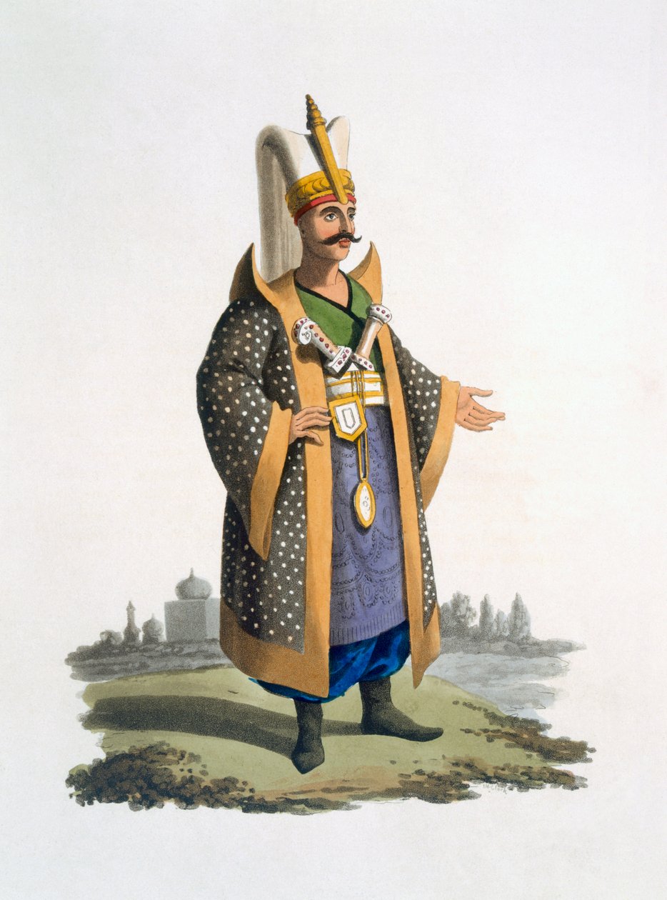 Janitsjarernas överste med juveler och dolkar, 1818 (färgad akvatint) av English School