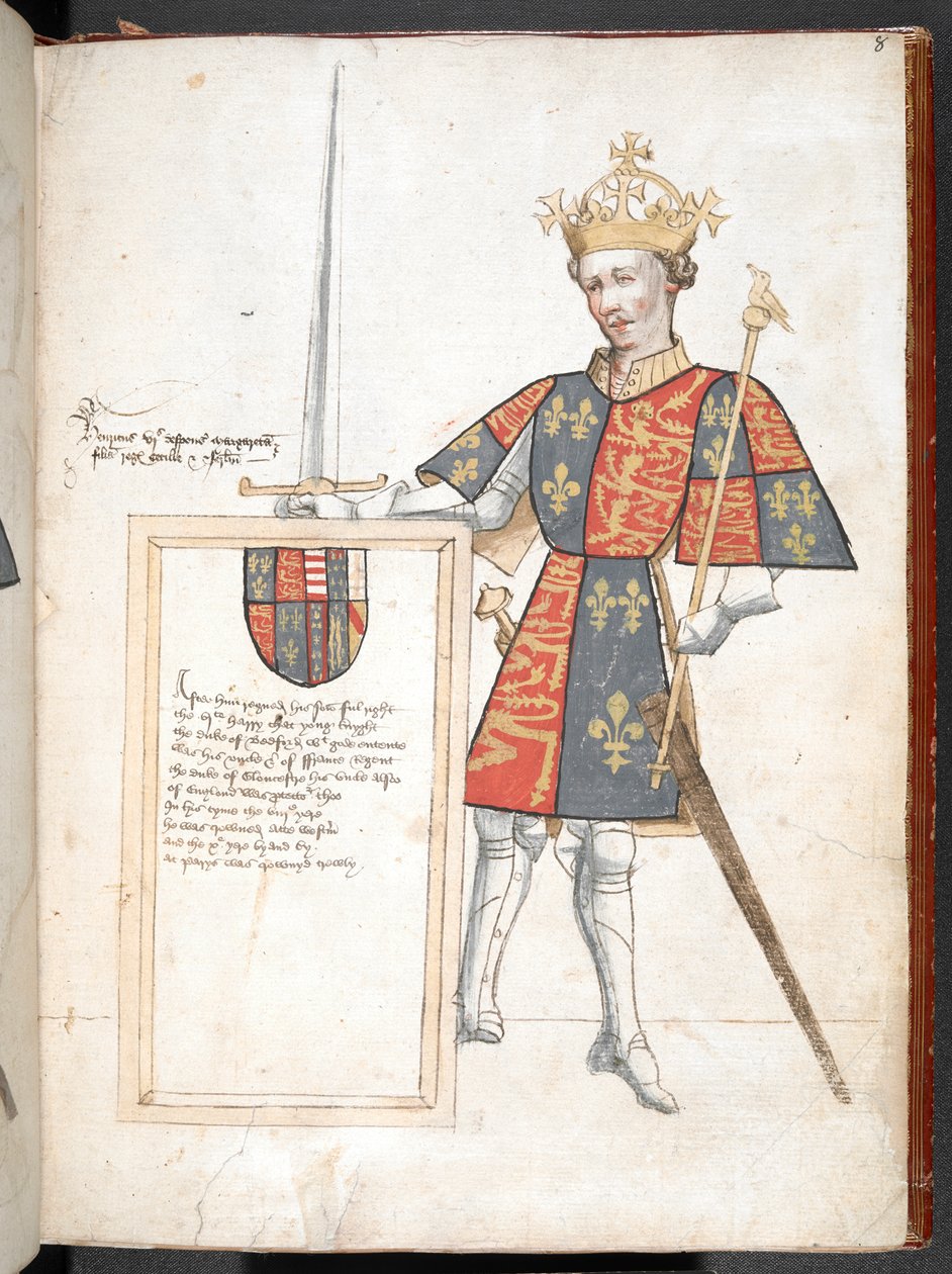 Färgad teckning av en engelsk kung i rustning och tabard (Henry VI), med en plakett med verser, illustration från 