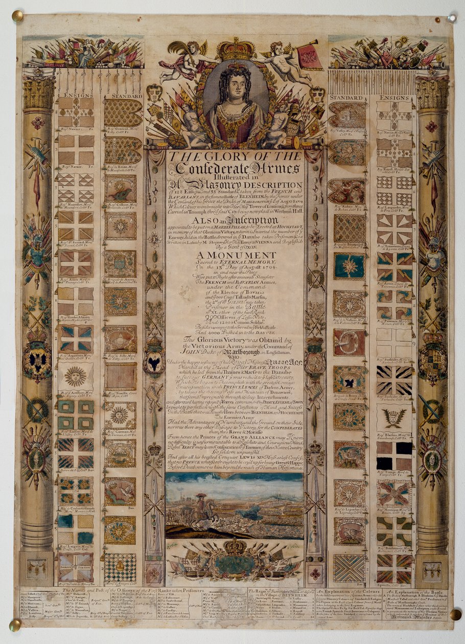 Jubileumsdiagram som visar standarder fångade från fransmännen efter slaget vid Blenheim, ca 1704 (färgad linjegravering) av English School
