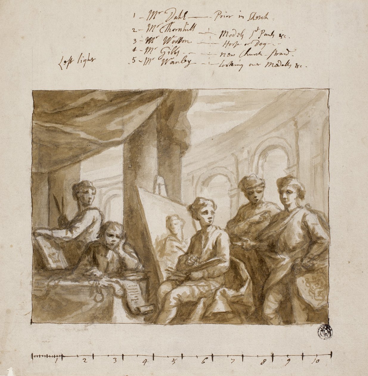 Company of Painters, c.1719 (borste & brun tvätt, över grafit, på elfenbenspåverkat papper) av English School