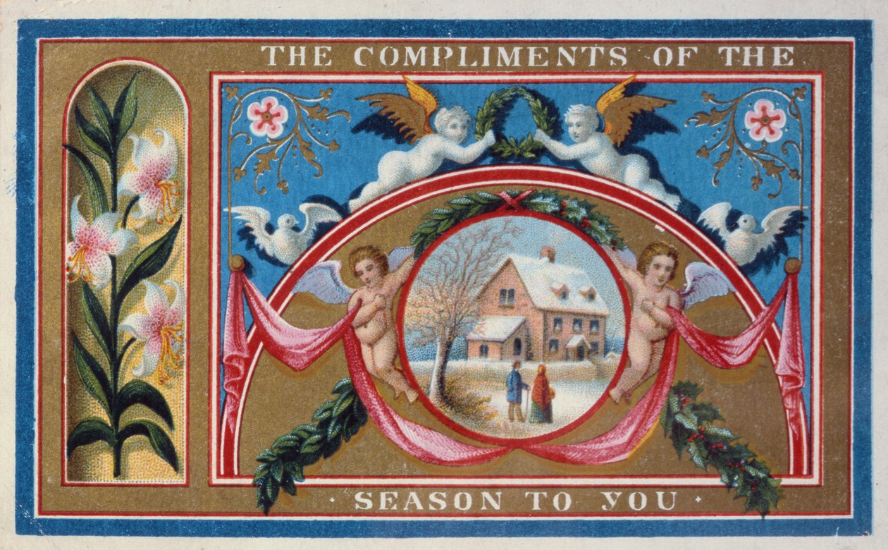 "Säsongens komplimanger", viktorianskt kort (chromolitho) av English School