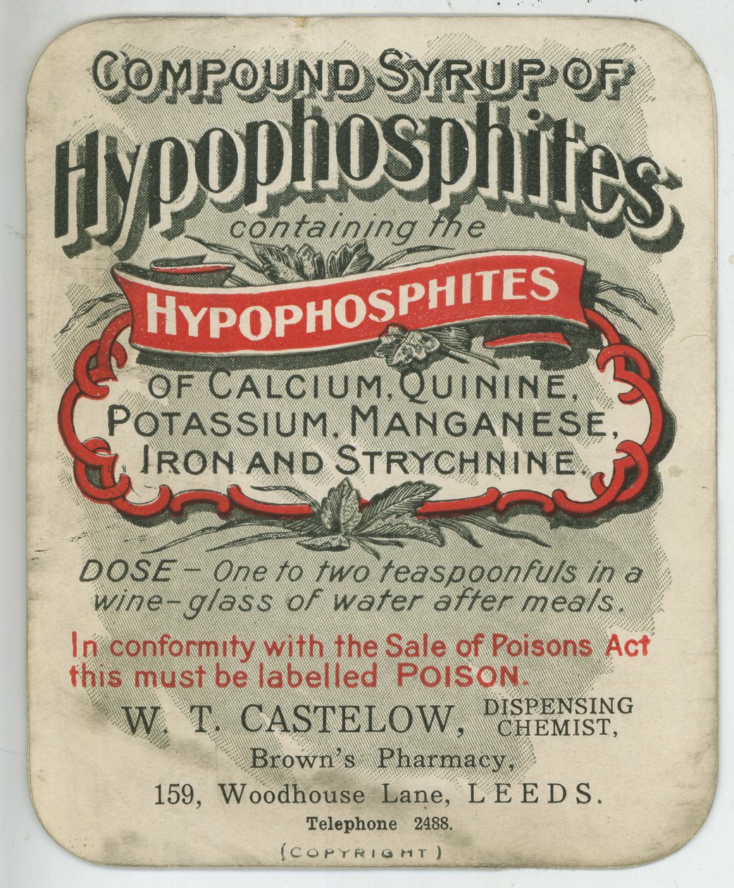 Compound Sirap of Hypophosphites etikett, tidigt 1900-tal (färg litho) av English School