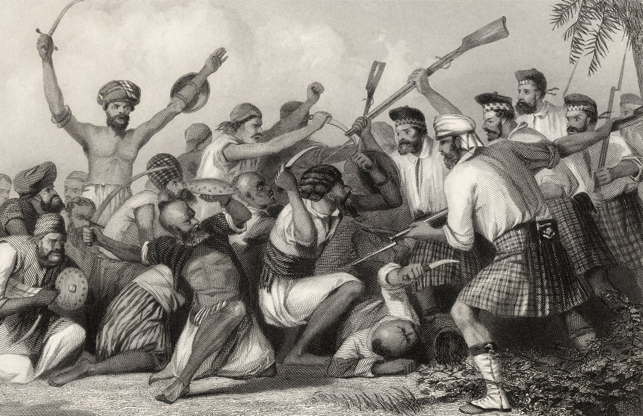 Konflikt med Ghazees före Bareilly den 6 maj 1858, från "The History of the Indian Mytery", publicerad 1858 av English School