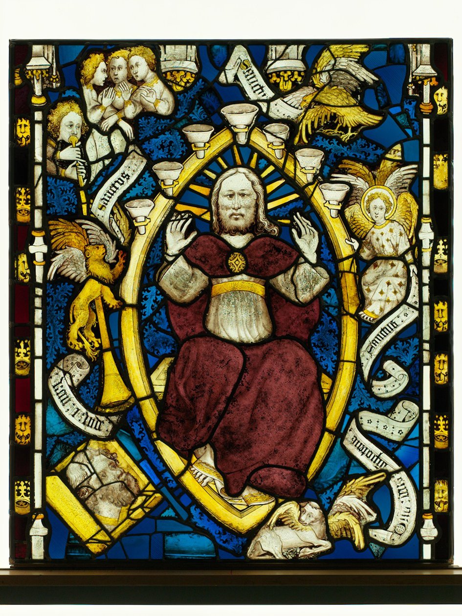 Bevarad panel från Great East Window på York Minster: "God in Majesty" av English School