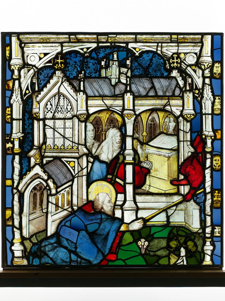 Bevarad panel från Great East Window på York Minster: "St John Measures the Temple" av English School