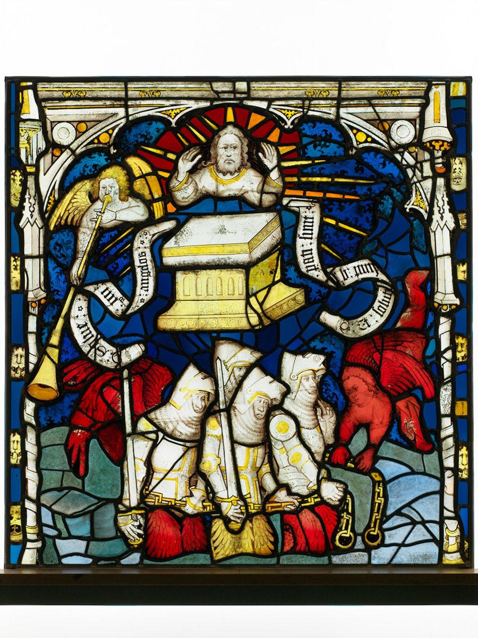Bevarad panel från Great East Window på York Minster: "The Sixth Angel Sounds the Trumpet and the Loosing of the Four Angels" av English School