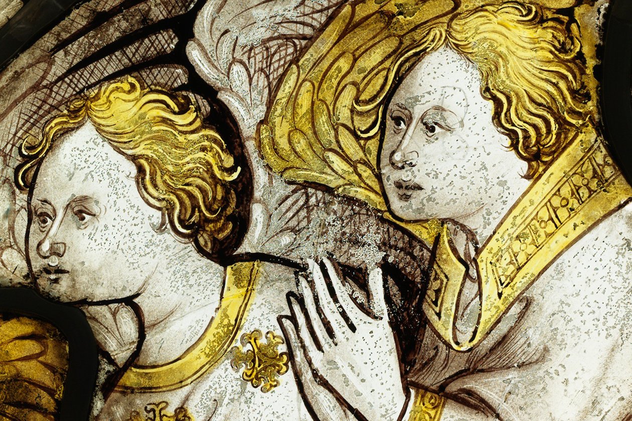 Bevarad del från Great East Window på York Minster: "Skapelsen dyrkar lammet" av English School