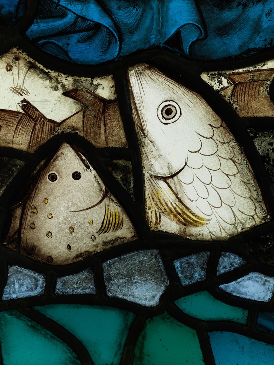 Bevarad del från Great East Window på York Minster: "Skapelsen dyrkar lammet" av English School